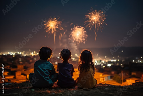 Young kids bursting fireworks in the open sky  celebrating Diwali night  illustration with empty space for text 