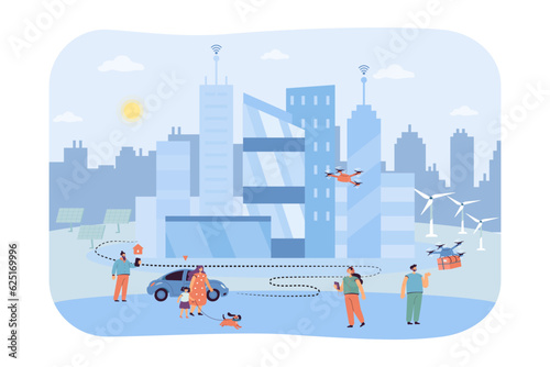Happy people living in smart city vector illustration. Citizens using drone delivery, electric cars and smart home apps. Alternative energy sources. Sustainability, smart technology concept