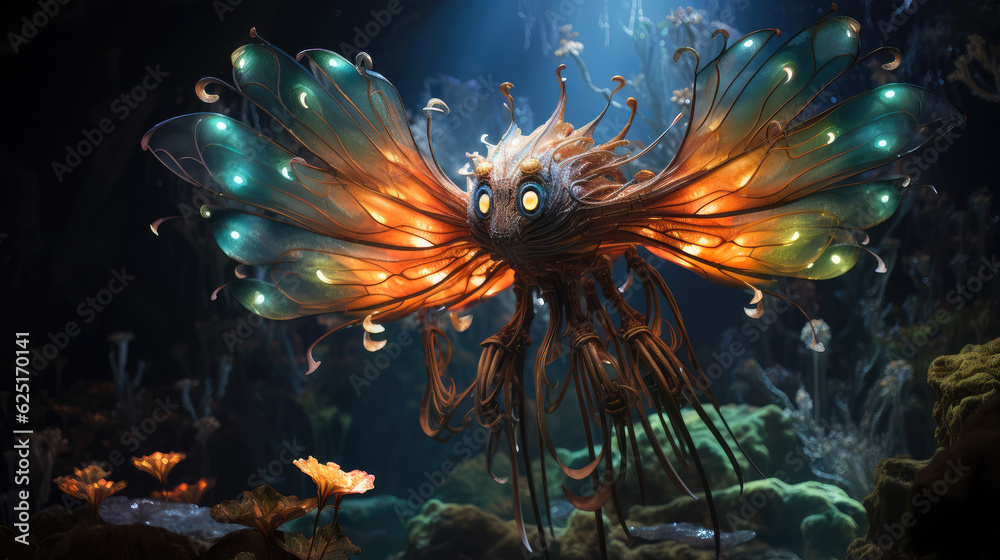 Close up of a cute fantastical underwater creature, orange eyes with an ethereal background Close up of a cute fantastical underwater creature, orange eyes with an ethereal background