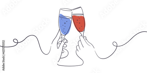 Continuous line champagne cheers one line art, continuous drawing contour. Hands toasting with wine glasses with drinks. Cheers toast festive decoration for holidays. Vector illustration