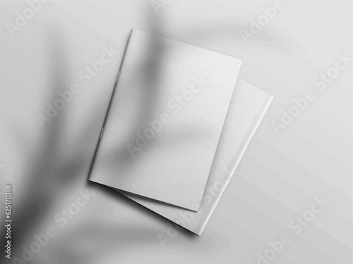 Realistic empty blank A4/A5 flyer, booklet, half-fold, brochure, leaflet, book presentation template design. Window and leaves shadow overlay, isolated on white background. 3D Vector Illustration.