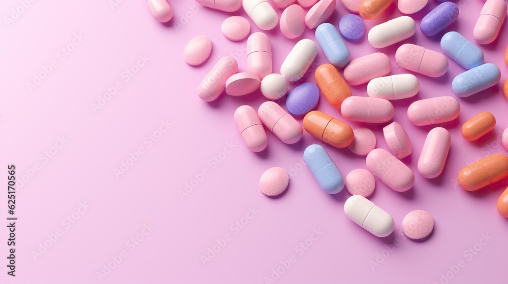 A myriad of rainbow-hued capsules lay scattered across a soft pink surface, inviting viewers to explore the hidden potential of this intriguing array of medicines and analgesics