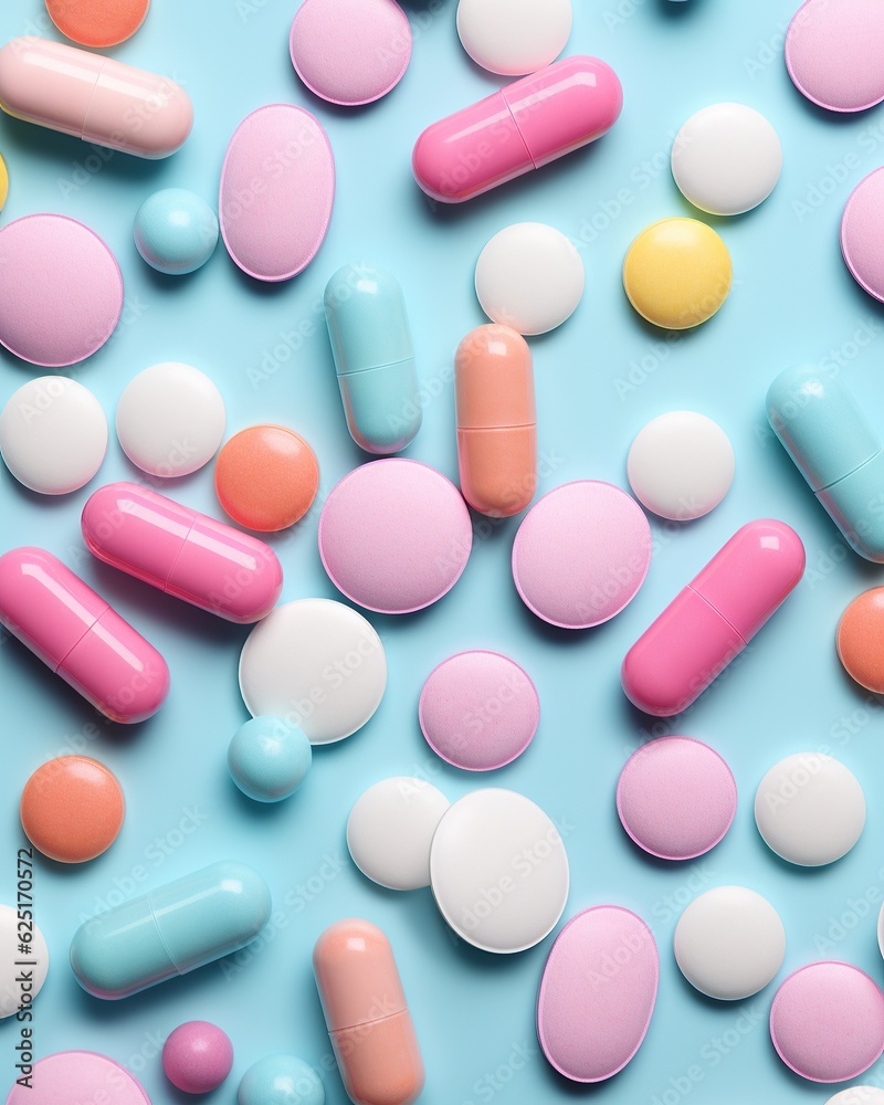 A vibrant mix of drug, confectionery, medicine, and candy-coated analgesics lay scattered across a crisp, blue surface, inviting the viewer to explore their mysterious potential A vibrant mix of drug, confectionery, medicine, and candy-coated analgesics lay scattered across a crisp, blue surface, inviting the viewer to explore their mysterious potential