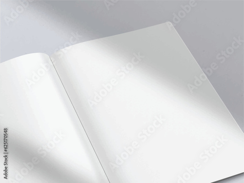 Realistic empty blank A4/A5 flyer, booklet, half-fold, brochure, leaflet, book presentation template design. Window and leaves shadow overlay, isolated on white background. 3D Vector Illustration.