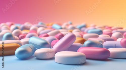A chaotic assortment of colorful pills lies scattered across a stark white surface, evoking a sense of confusion and anxiety as one contemplates the mysterious power of drug, medicine, nutraceuticals photo
