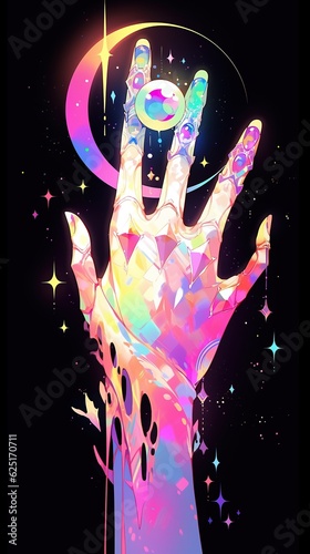 A vibrant hand dances with magenta art and graphics, creating a captivating visual masterpiece