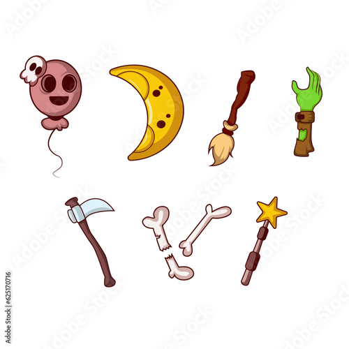Collection of Occult Magic Objects for Mystic Rituals, Witchcraft Equipment, Cauldron, Book, Bottle of Magical Potion, Wand, Cartoon Style Vector Illustration