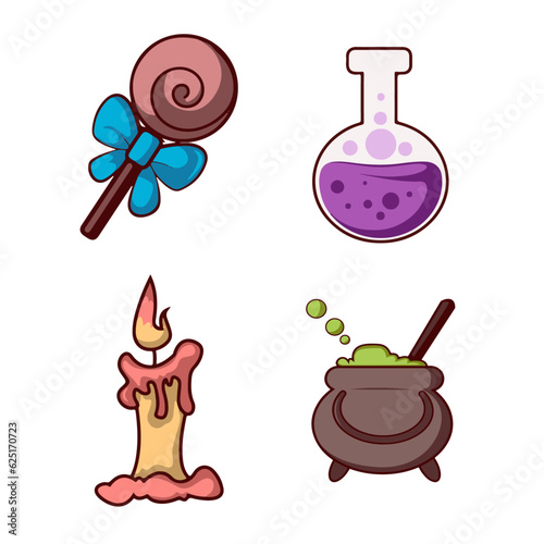 Collection of Occult Magic Objects for Mystic Rituals, Witchcraft Equipment, Cauldron, Book, Bottle of Magical Potion, Wand, Cartoon Style Vector Illustration