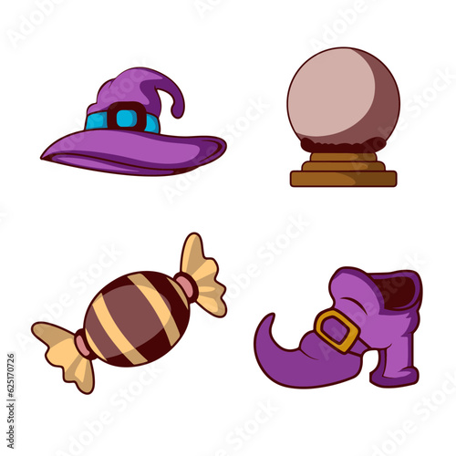 Collection of Occult Magic Objects for Mystic Rituals, Witchcraft Equipment, Cauldron, Book, Bottle of Magical Potion, Wand, Cartoon Style Vector Illustration