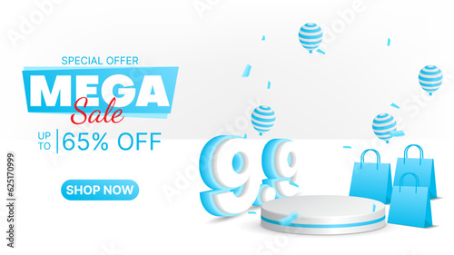 9.9 sale in white and blue color with realistic podium , balloons and shopping bag