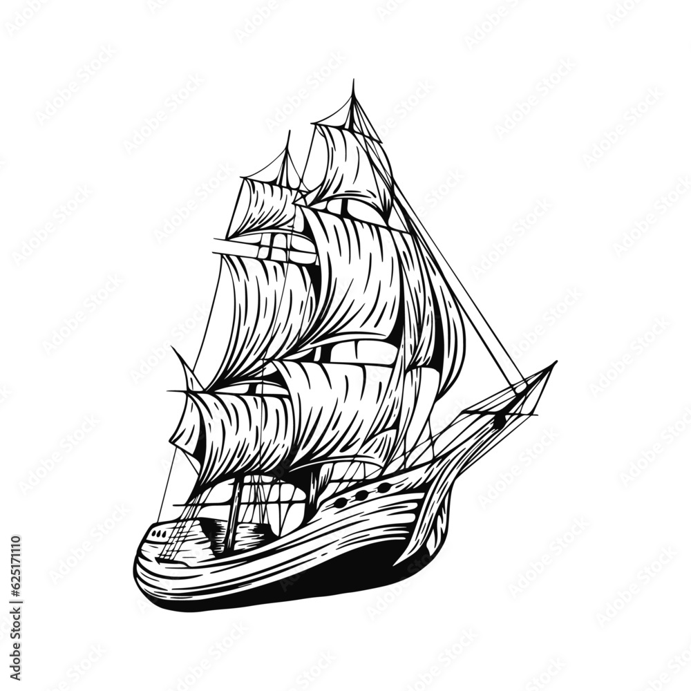 Pirate ship sailboat retro sketch hand drawn engraving. Vector ...