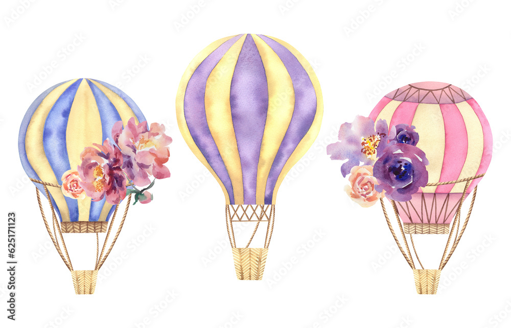 Fototapeta premium A set of balloons. Watercolor illustration on a white background. A journey through the sky. Children's room. Recreation and sports.