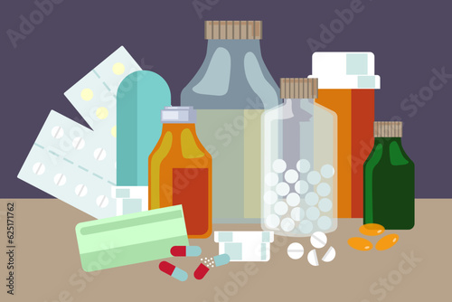 Medication in bottles and pills vector illustration. Different package for pharmacy products, prescribed medical treatment for different diseases. Pharmacy, medicine, health care concept