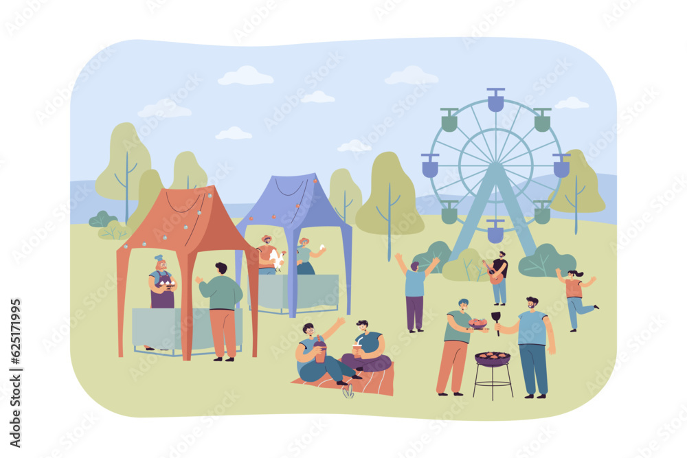 Obraz premium People having fun at summer festival vector illustration. Musicians playing guitar, farmers selling natural products and bakery, friends drinking and eating barbeque. Summer, entertainment concept