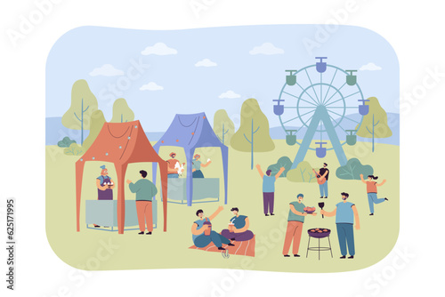 People having fun at summer festival vector illustration. Musicians playing guitar, farmers selling natural products and bakery, friends drinking and eating barbeque. Summer, entertainment concept