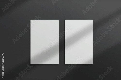 Realistic portrait vertical elegant and minimalist white blank business card mockup presentation. 3D vector illustration. Windows shadow and leaves overlay on isolated background.