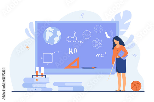Tired teacher at blackboard vector illustration. Overworked educator struggling to teach many classes with low salary. Teacher workforce shortage, recruiting problem, education concept photo