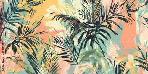 Lush tropical plants and graceful palm trees background photo wallpaper pattern. Soothing palette of delicate pastel hues painted in watercolour. Generative AI illustration