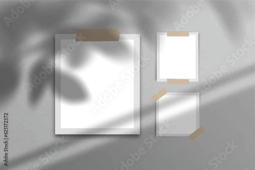 Realistic moodboard polaroid photo paper frame mockup isolated with shadow overlay. For blank photo cards, torn paper, square frame glued adhesive tape for graphic designers presentations, portfolio.