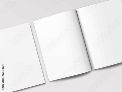 Realistic empty blank A4/A5 flyer, booklet, half-fold, brochure, leaflet, book presentation template design. Window and leaves shadow overlay, isolated on white background. 3D Vector Illustration.