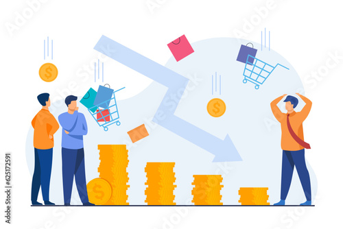 Decreasing purchasing power chart vector illustration. Frustrated customers worrying about diminishing piles of money, shop carts falling. Rising prices, inflation, economy concept