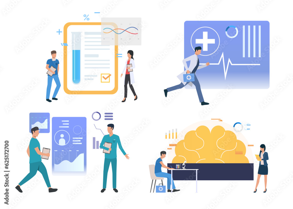 Doctors checking medical charts and graphs vector illustration. Health care workers analyzing patients data and clinical reports, discussing examination results. Medicine concept