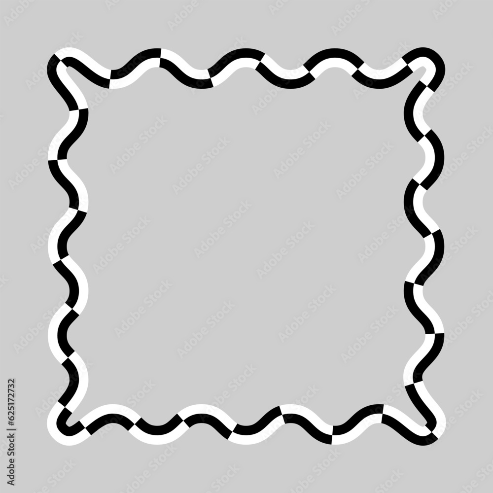 Black and white liquid wavy checkered square frame. Squarish chequered fluid wave border. Checkerboard rectangles squares diagram vector illustration. Black and white liquid wavy checkered square frame. Squarish chequered fluid wave border. Checkerboard rectangles squares diagram vector illustration.