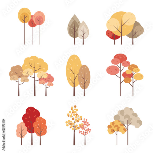  Yellow autumn trees. Colorful garden tree, autumnal garden bush and fall season tree leaves. Forest gold and green branches, autumn yellow and orange park trees. Isolated vector illustration icons se