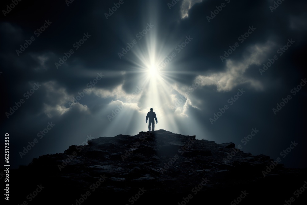 A person standing a light among the dark, symbolizing hope in the midst of adversity.Generative AI A person standing a light among the dark, symbolizing hope in the midst of adversity.Generative AI