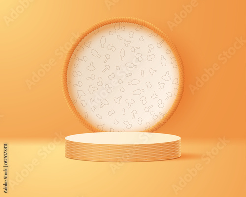 Autumn podium with a white display with mushrooms in the form of a wicker basket. Vector 3d illustration.
