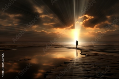 A person standing a light among the dark, symbolizing hope in the midst of adversity.Generative AI