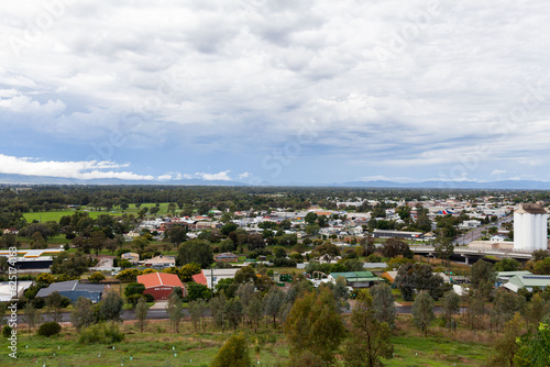 Pensioners Hill Lookout view over Gunnedah and passing freight transport train photo