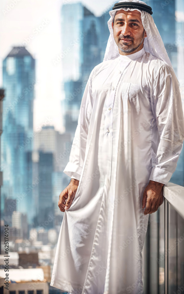rich arab businessman in Traditional White Outfit in big city in background, generative AI