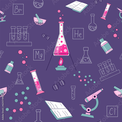 Seamless pattern of chemistry subjects. Chemist's work, science, microscope, flask, test tube, burner - vector illustration for packaging design, website, school notebooks
