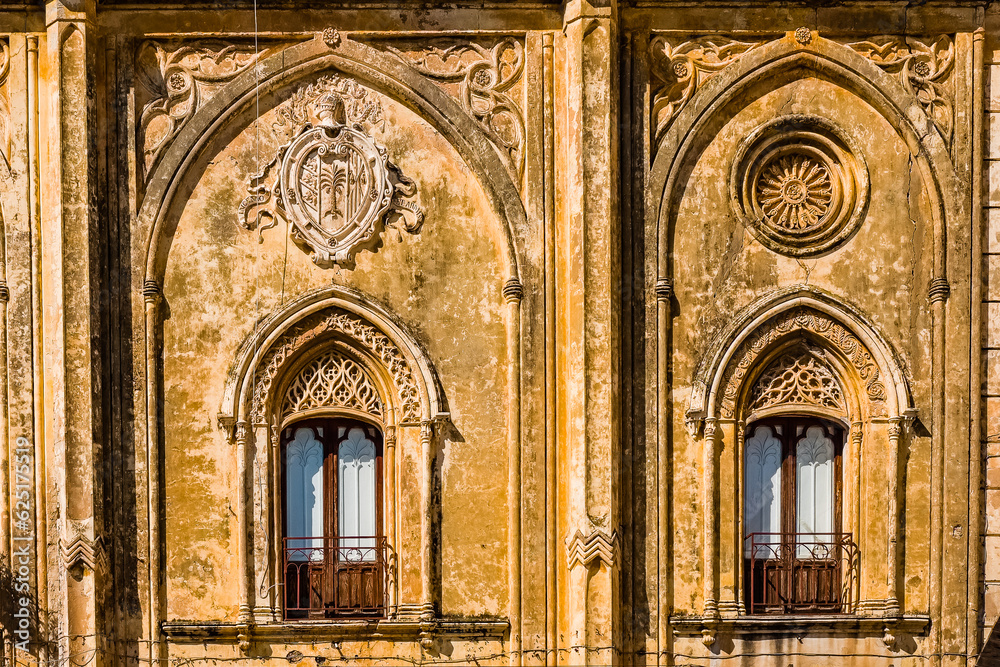 Detail of an ancient Norman palace in the town of Sciacca Agrigento Sicily Italy