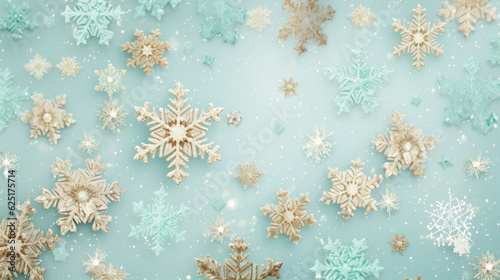 Glistening snowflakes dance, light teal and gold unite, creating an ethereal winter canvas, captivating hearts with nature's artistry