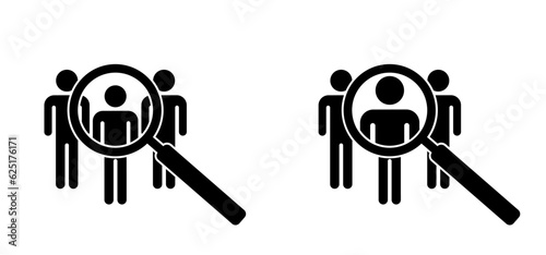 Profile and magnifying glass. Stickman, search job vacancy icon. Recruitment symbol. Hiring set. People symbol. We're hiring, join our team. Find candidate for contract. Talent worker.