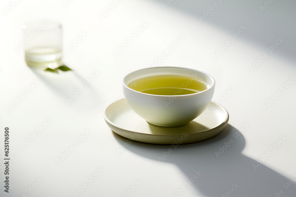 Freshly brewed green leaf tea in white cup on the table