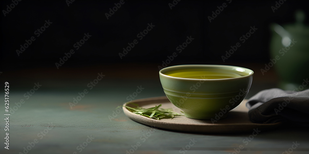 Freshly brewed green leaf tea in ceramic cup on the table Freshly brewed green leaf tea in ceramic cup on the table