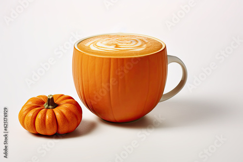 Autumn pumpkin cappuccino coffee in a stylish pumpkin cup on a white background. photo