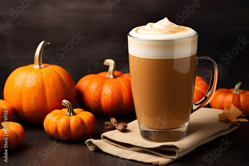Autumn pumpkin latte coffee on the background of a dark pumpkin composition.