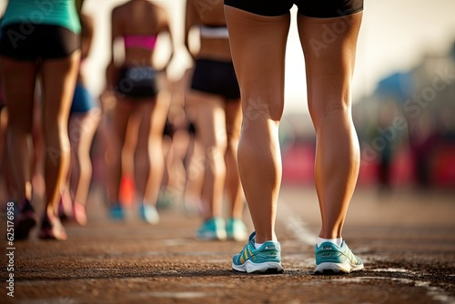 Rear view of the legs of a girl runner on a marathon.