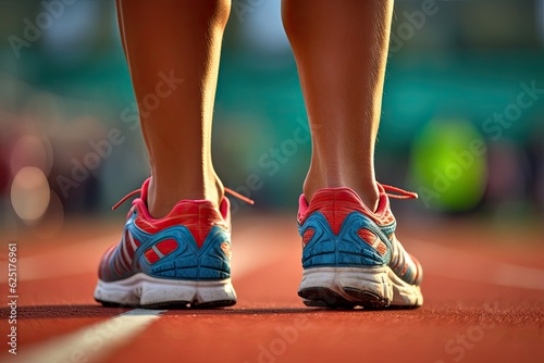 Close-up of a runner's legs in sneakers on the red track of the stadium.