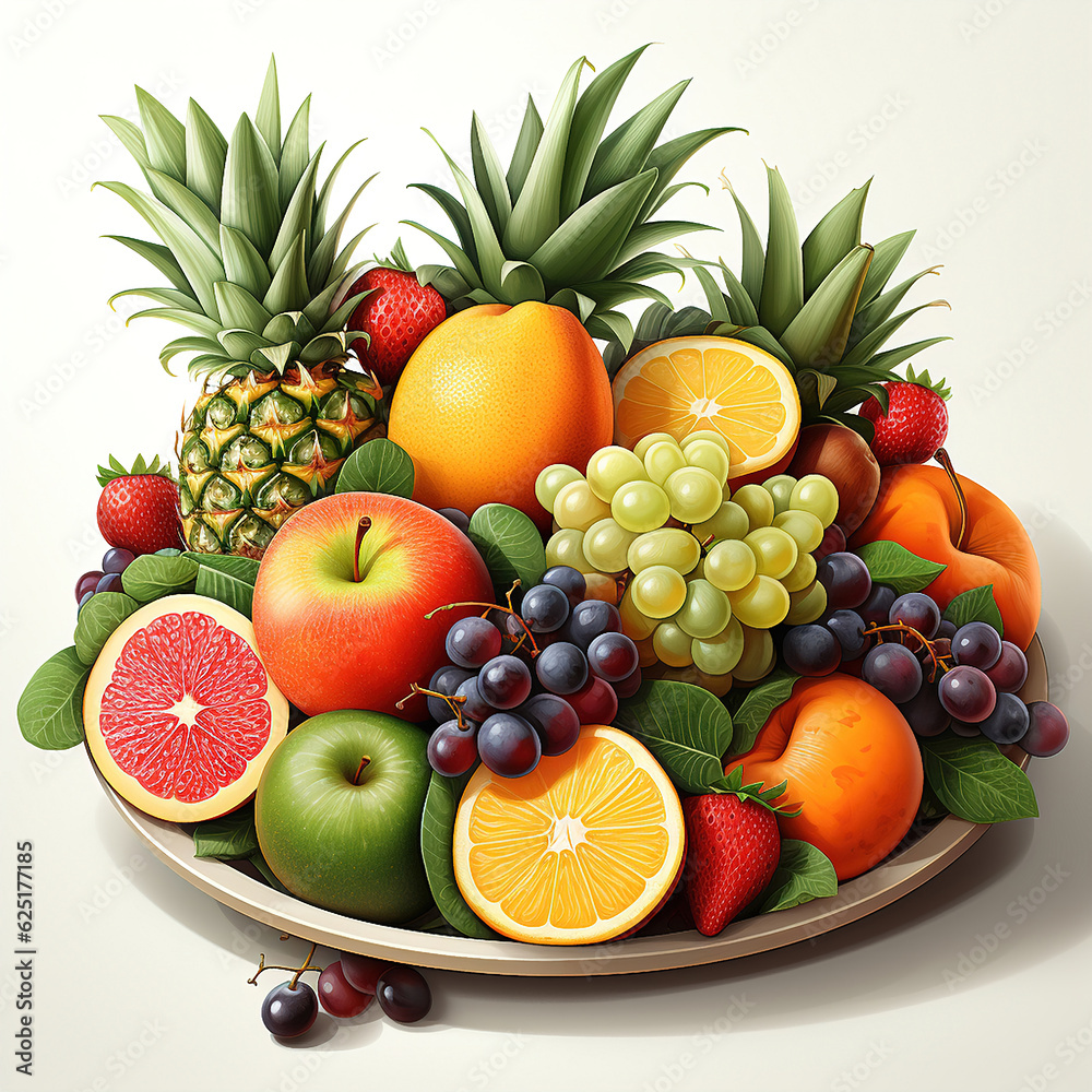 A variety of fruits including apples, grapes, oranges, pomelo, pineapples