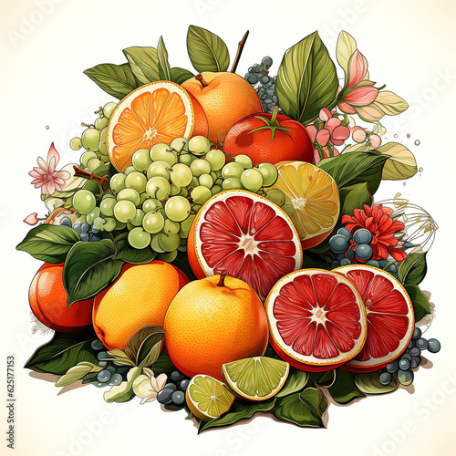 A variety of fruits including apples  grapes  oranges  pomelo  pineapples