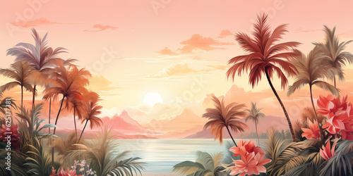 Lush tropical plants and graceful palm trees ocean landscape. Soothing palette of delicate pastel hues painted in watercolour. Generative AI illustration