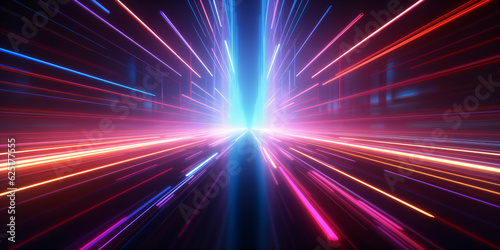 Long exposure shot of a colorful neon light streaking through a dark room, appears to be emanating from a tunnel or a long, narrow passage, creating a captivating visual effect.