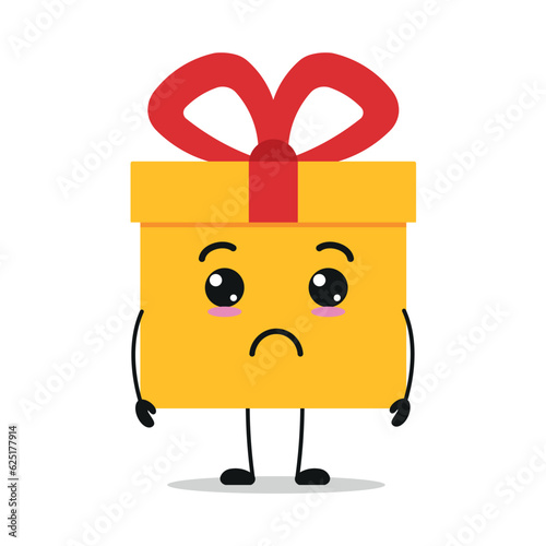 Cute sad gift box character. Funny unhappy gift box cartoon emoticon in flat style. present emoji vector illustration