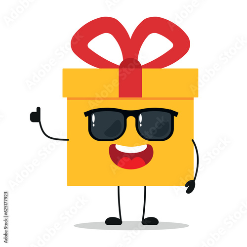 Cute happy gift box character wear sunglasses. Funny gift box greet friend cartoon emoticon in flat style. present emoji vector illustration