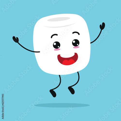 Cute happy marshmallow character. Funny celebration marshmallow cartoon emoticon in flat style. sweet emoji vector illustration